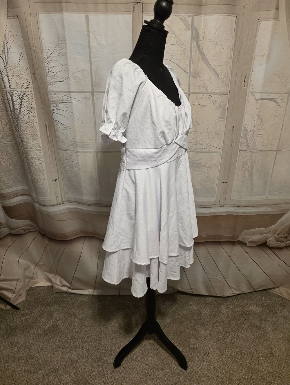 White Puff-Sleeve Tiered Mini Dress - Picture 2 of 5